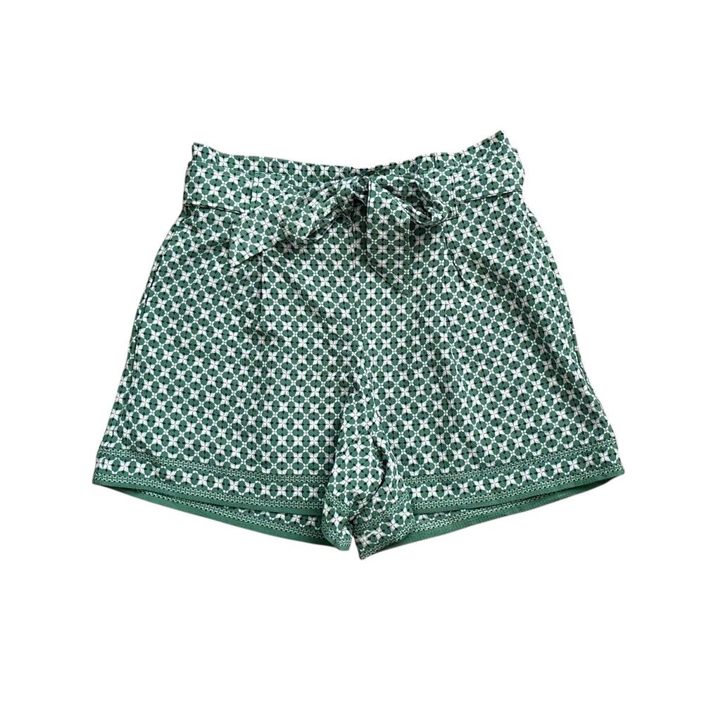Max Studio NWT Pleated Paperbag Waist Pull On Shorts Green Geo Print Size XS